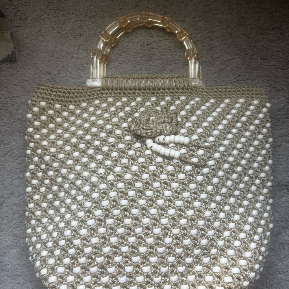 Elegant Beige and White Beaded Women's Bag VINTAGE w Lucite Handles